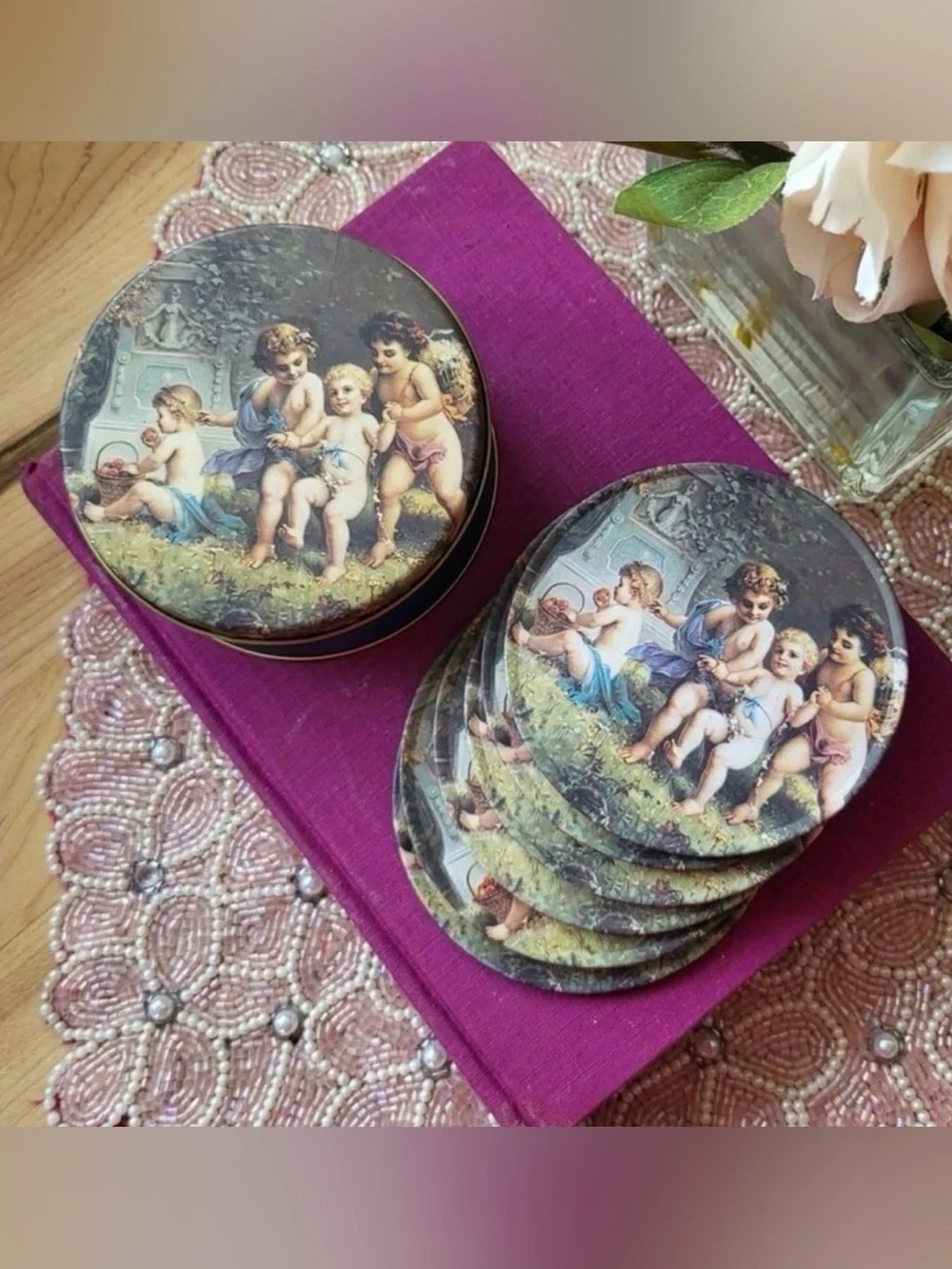 Vintage Cherub Coasters Tin Set 1995 Trippie’s Victorian Cottagecore Decor